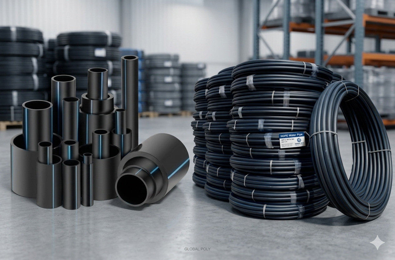 Large industrial HDPE pipes at a construction site